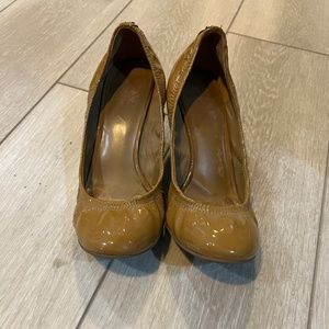 - Tori Burch wedge patent leather camel color shoes